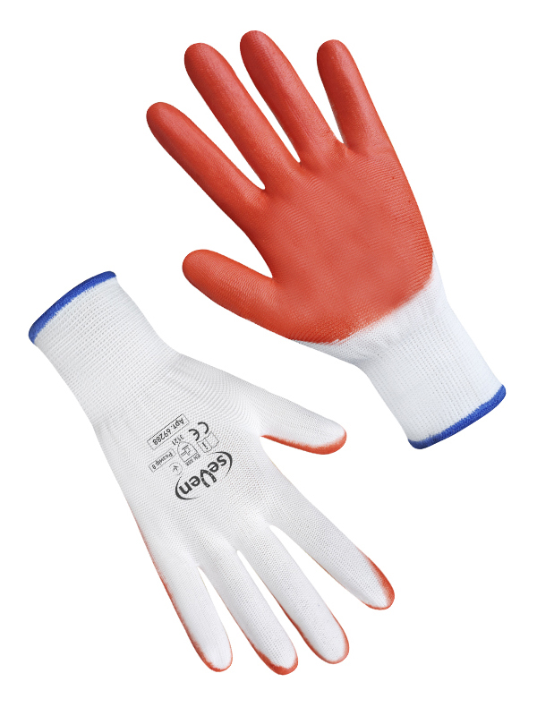 Рукавички синтетичні білі з помаранчевим нітриловим покриттям SEVEN р.8